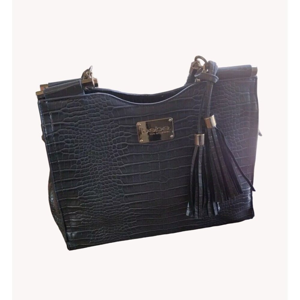 Bebe Handbag Satchel Gray Fringe Textured Braided Handle Gray